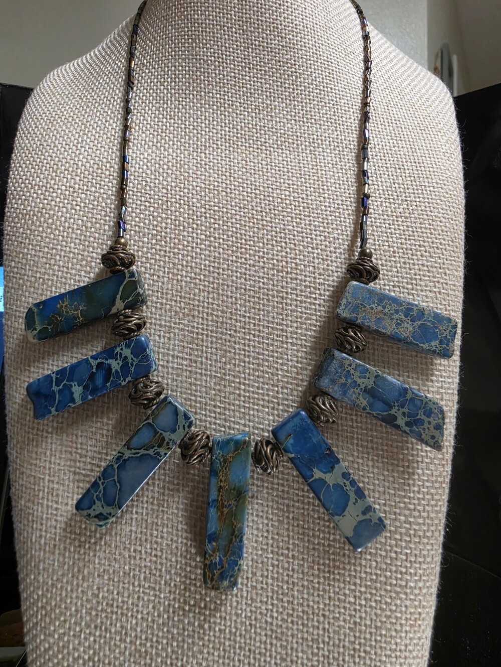 Artisan Blue Sea Sediment Jasper Bar Fringe Necklace Metal Swirl Beads